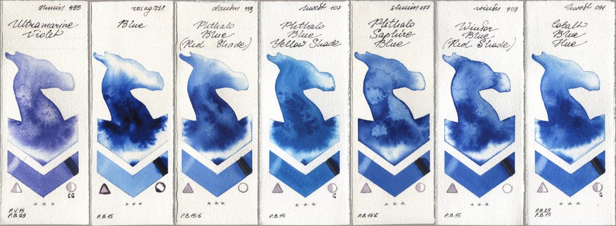 Shminke Horadam Aquarell 495 Ultramarine Violet, Rosa Gallery 718 Blue, Daniel Smith 119 Phthalo Blue (Red Shade), Holbein Artists Watercolor 107 Phthalo Blue Yellow Shade, 477 Phthalo Saphire Blue, Winsor & Newton Professional 709 Winsor Blue (Red Shade), 091 Cobalt Blue H watercolor swatch