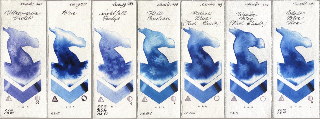 Shminke Horadam Aquarell 495 Ultramarine Violet, Rosa Gallery 718 Blue, Holbein Artists Watercolor 533 Nightfall Indigo, 479 Helio Cerulean, Daniel Smith 119 Phthalo Blue (Red Shade), Winsor & Newton Professional 709 Winsor Blue (Red Shade), 091 Cobalt Blue H watercolor swatch