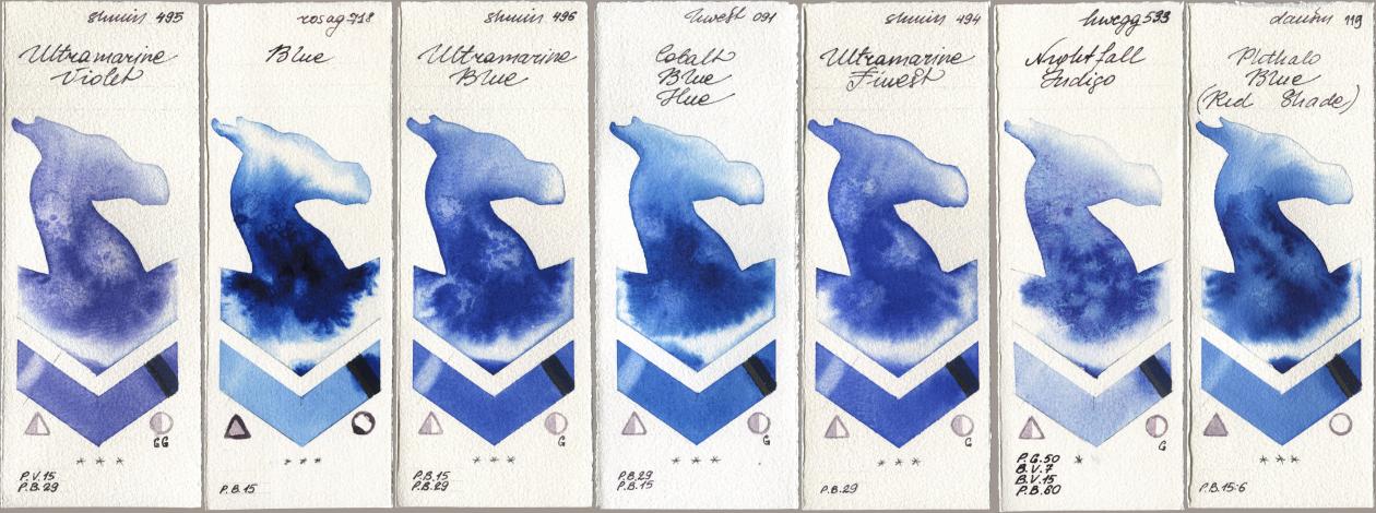 Shminke Horadam Aquarell 495 Ultramarine Violet, Rosa Gallery 718 Blue, 496 Ultramarine Blue, Holbein Artists Watercolor 091 Cobalt Blue Hue, 494 Ultramarine Finest, 533 Nightfall Indigo, Daniel Smith 119 Phthalo Blue (Red Shad watercolor swatch