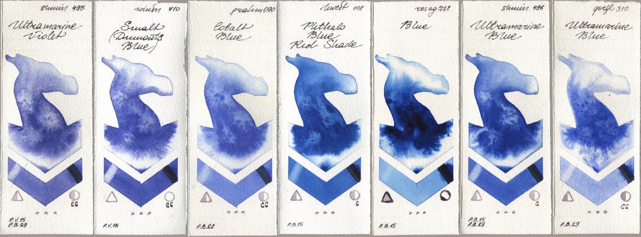 Shminke Horadam Aquarell 495 Ultramarine Violet, Winsor & Newton Professional 710 Smalt (Dumonts Blue), M. Graham & Co. Artists 090 Cobalt Blue, Holbein Artists Watercolor 108 Phthalo Blue Red Shade, Rosa Gallery 718 Blue, 496 Ultramarine Blue, Golden QOR 310 Ultramarine Bl watercolor swatch