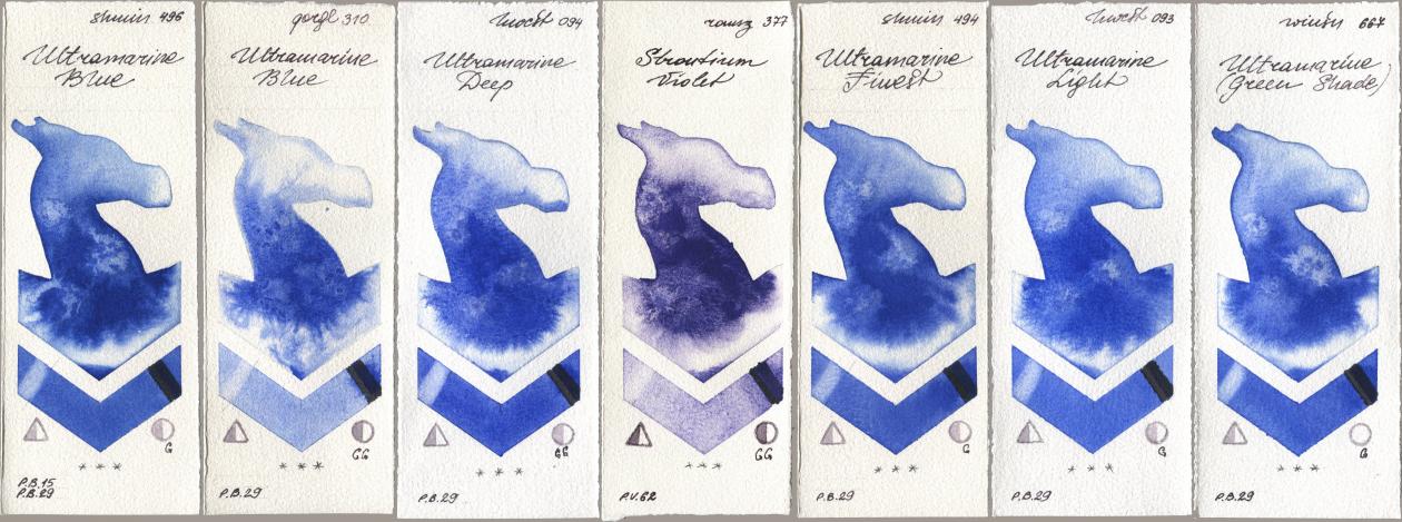 Shminke Horadam Aquarell 496 Ultramarine Blue, Golden QOR 310 Ultramarine Blue, Holbein Artists Watercolor 094 Ultramarine Deep, Roman Szmal Aquarius 377 Strontium Violet, 494 Ultramarine Finest, 093 Ultramarine Light, Winsor & Newton Professional 667 Ultramarine (Green Shad watercolor swatch