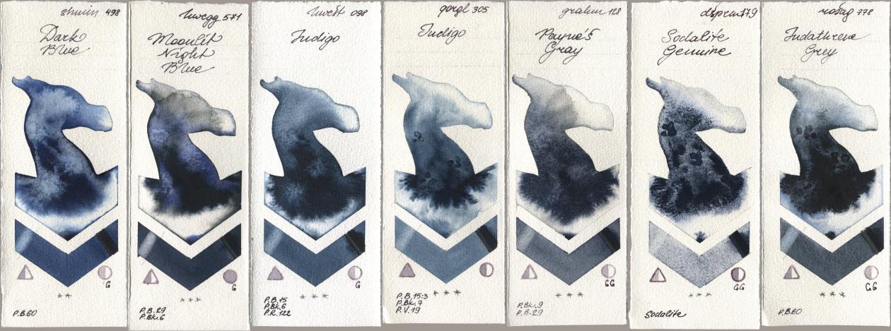 Shminke Horadam Aquarell 498 Dark Blue, Holbein Artists Watercolor 571 Moonlit Night Blue, 098 Indigo, Golden QOR 305 Indigo, M. Graham & Co. Artists 128 Payne’s Gray, Daniel Smith 179 Sodalite Genuine, Rosa Gallery 778 Indanthrene Gr watercolor swatch