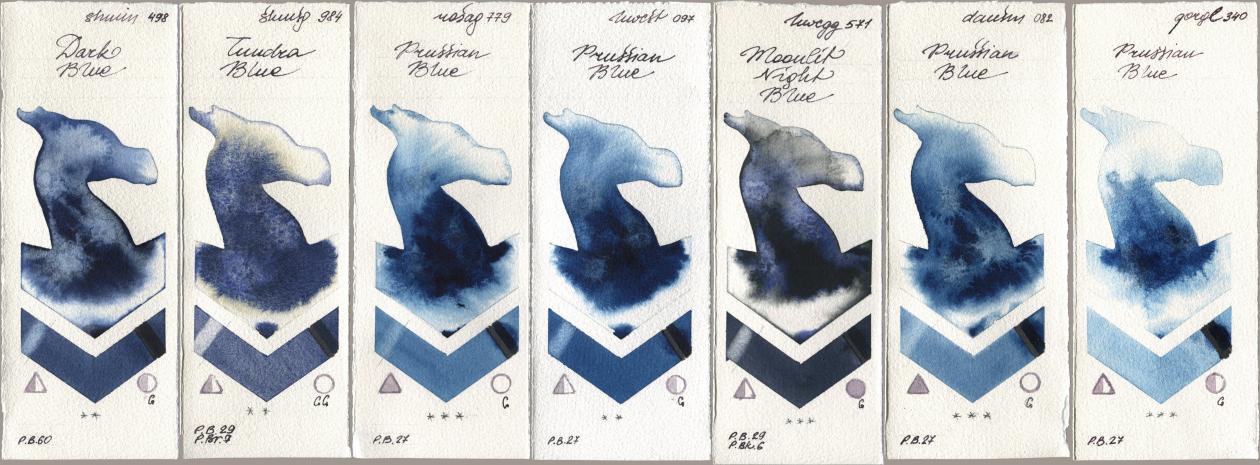 Shminke Horadam Aquarell 498 Dark Blue, 984 Tundra Blue, Rosa Gallery 779 Prussian Blue, Holbein Artists Watercolor 097 Prussian Blue, 571 Moonlit Night Blue, Daniel Smith 082 Prussian Blue, Golden QOR 340 Prussian Bl watercolor swatch