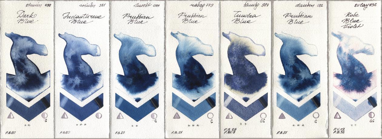 Shminke Horadam Aquarell 498 Dark Blue, Winsor & Newton Professional 321 Indanthrene Blue, Holbein Artists Watercolor 097 Prussian Blue, Rosa Gallery 779 Prussian Blue, 984 Tundra Blue, Daniel Smith 082 Prussian Blue, SuperVision 736 Rose Blue Viol watercolor swatch