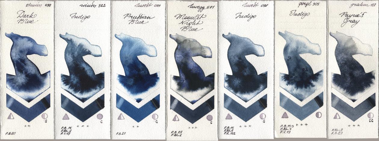 Shminke Horadam Aquarell 498 Dark Blue, Winsor & Newton Professional 322 Indigo, Holbein Artists Watercolor 097 Prussian Blue, 571 Moonlit Night Blue, 098 Indigo, Golden QOR 305 Indigo, M. Graham & Co. Artists 128 Payne’s Gr watercolor swatch