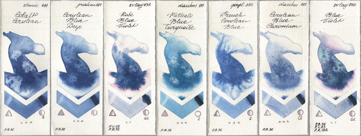 Shminke Horadam Aquarell 499 Cobalt Cerulean, M. Graham & Co. Artists 081 Cerulean Blue Deep, SuperVision 736 Rose Blue Violet, Daniel Smith 247 Phthalo Blue Turquoise, Golden QOR 350 French Cerulean Blue, 021 Cerulean Blue Chromium, 742 Blue Viol watercolor swatch