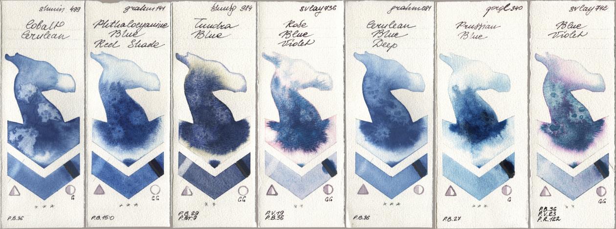 Shminke Horadam Aquarell 499 Cobalt Cerulean, M. Graham & Co. Artists 141 Phthalocyanine Blue Red Shade, 984 Tundra Blue, SuperVision 736 Rose Blue Violet, 081 Cerulean Blue Deep, Golden QOR 340 Prussian Blue, 742 Blue Viol watercolor swatch