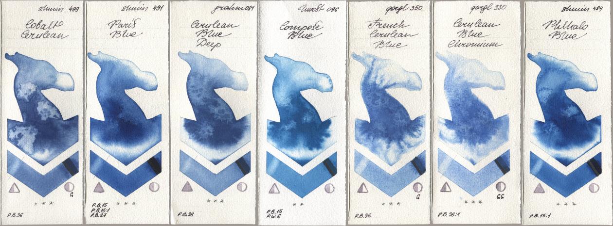 Shminke Horadam Aquarell 499 Cobalt Cerulean, 491 Paris Blue, M. Graham & Co. Artists 081 Cerulean Blue Deep, Holbein Artists Watercolor 096 Compose Blue, Golden QOR 350 French Cerulean Blue, 330 Cerulean Blue, Chromium, 484 Phthalo Bl watercolor swatch