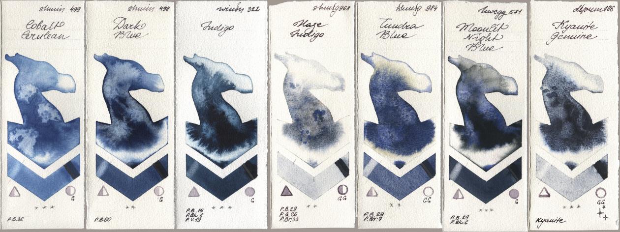 Shminke Horadam Aquarell 499 Cobalt Cerulean, 498 Dark Blue, Winsor & Newton Professional 322 Indigo, 968 Haze Indigo, 984 Tundra Blue, Holbein Artists Watercolor 571 Moonlit Night Blue, Daniel Smith 186 Kyanite Genui watercolor swatch