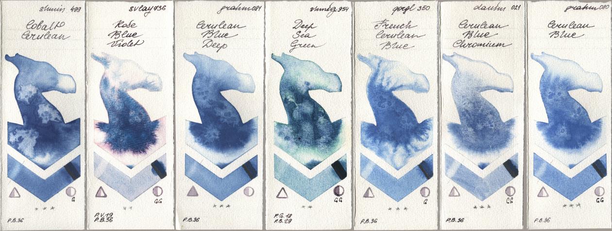 Shminke Horadam Aquarell 499 Cobalt Cerulean, SuperVision 736 Rose Blue Violet, M. Graham & Co. Artists 081 Cerulean Blue Deep, 954 Deep Sea Green, Golden QOR 350 French Cerulean Blue, Daniel Smith 021 Cerulean Blue Chromium, 080 Cerulean Bl watercolor swatch