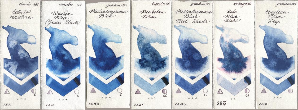 Shminke Horadam Aquarell 499 Cobalt Cerulean, Winsor & Newton Professional 707 Winsor Blue (Green Shade), M. Graham & Co. Artists 140 Phthalocyanine Blue, Kuretake Gansai Tambi 066 Prussian Blue, 141 Phthalocyanine Blue Red Shade, SuperVision 736 Rose Blue Violet, 081 Cerulean Blue De watercolor swatch