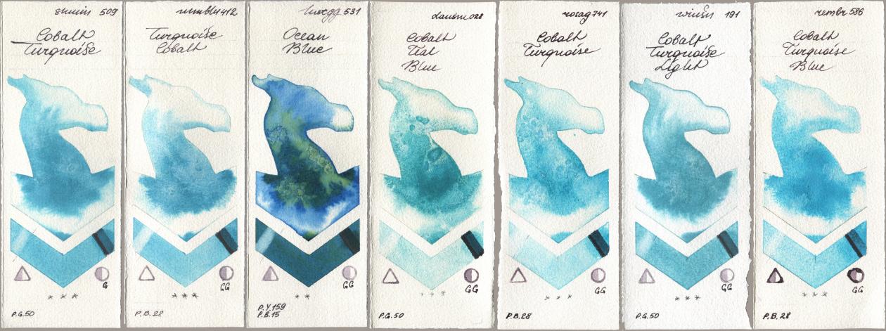 Shminke Horadam Aquarell 509 Cobalt Turquoise, Maimeri Blu 412 Turquoise Cobalt, Holbein Artists Watercolor 531 Ocean Blue, Daniel Smith 028 Cobalt Teal Blue, Rosa Gallery 741 Cobalt Turquoise, Winsor & Newton Professional 191 Cobalt Turquoise Light, Royal Talens Rembrandt Watercolour 586 Cobalt Turquoise Bl watercolor swatch