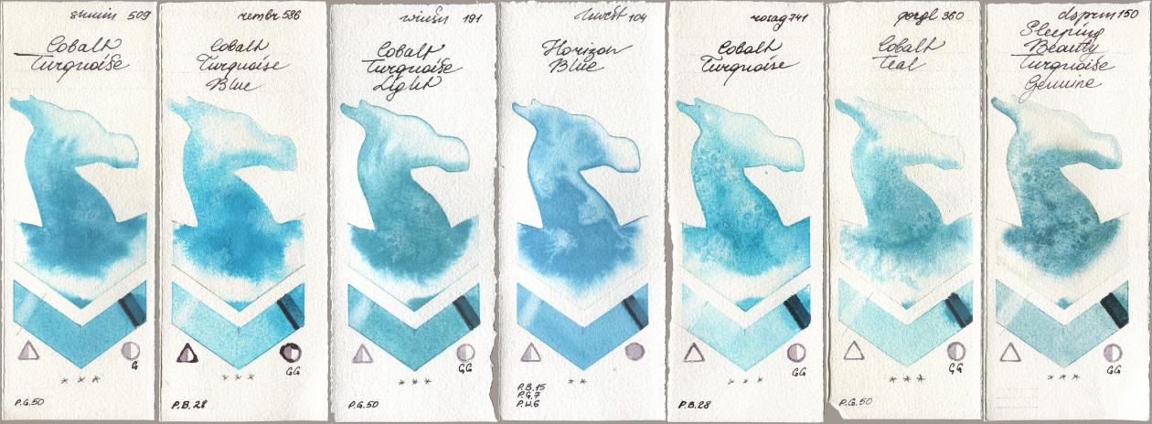 Shminke Horadam Aquarell 509 Cobalt Turquoise, Royal Talens Rembrandt Watercolour 586 Cobalt Turquoise Blue, Winsor & Newton Professional 191 Cobalt Turquoise Light, Holbein Artists Watercolor 104 Horizon Blue, Rosa Gallery 741 Cobalt Turquoise, Golden QOR 360 Cobalt Teal, Daniel Smith 150 Sleeping Beauty Turquoise Genui watercolor swatch