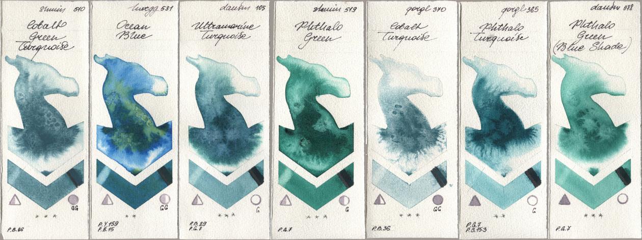 Shminke Horadam Aquarell 510 Cobalt Green Turquoise, Holbein Artists Watercolor 531 Ocean Blue, Daniel Smith 105 Ultramarine Turquoise, 519 Phthalo Green, Golden QOR 370 Cobalt Turquoise, 365 Phthalo Turquoise, 078 Phthalo Green (Blue Shad watercolor swatch