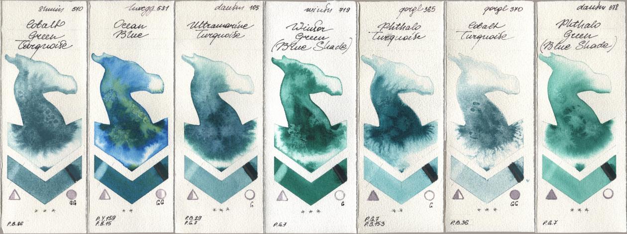 Shminke Horadam Aquarell 510 Cobalt Green Turquoise, Holbein Artists Watercolor 531 Ocean Blue, Daniel Smith 105 Ultramarine Turquoise, Winsor & Newton Professional 719 Winsor Green (Blue Shade), Golden QOR 365 Phthalo Turquoise, 370 Cobalt Turquoise, 078 Phthalo Green (Blue Shad watercolor swatch