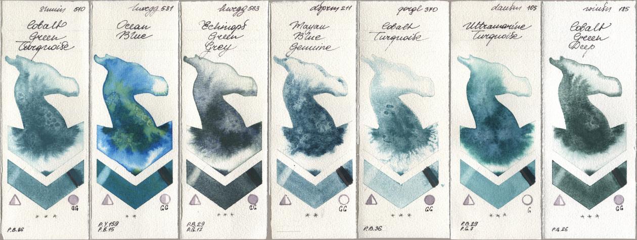 Shminke Horadam Aquarell 510 Cobalt Green Turquoise, Holbein Artists Watercolor 531 Ocean Blue, 563 Echinops Green Grey, Daniel Smith 211 Mayan Blue Genuine, Golden QOR 370 Cobalt Turquoise, 105 Ultramarine Turquoise, Winsor & Newton Professional 185 Cobalt Green De watercolor swatch