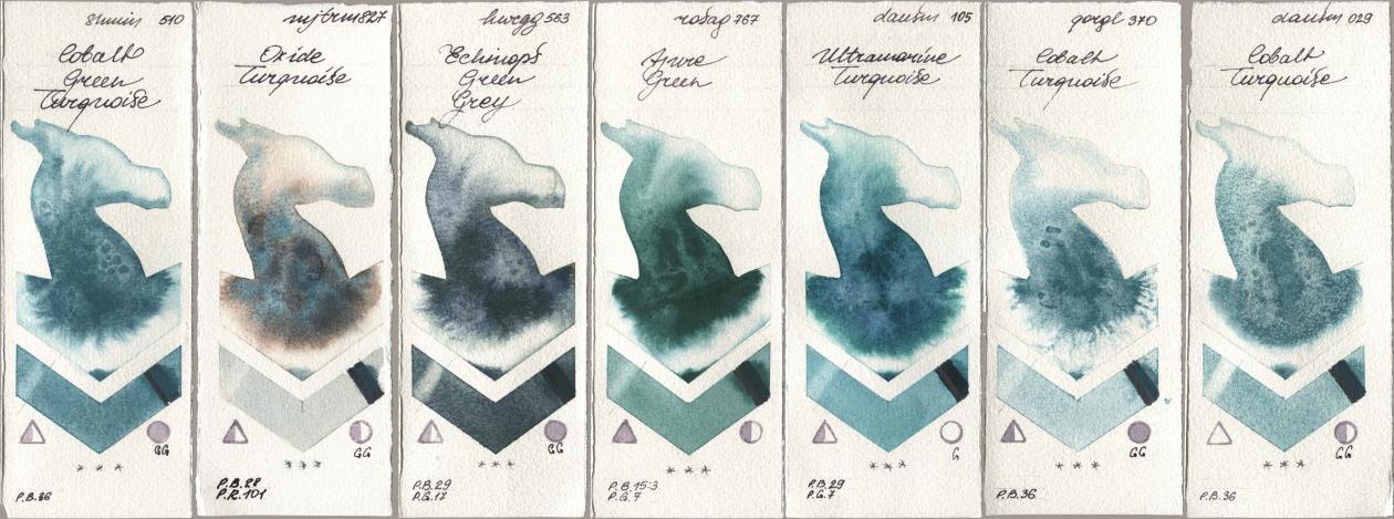 Shminke Horadam Aquarell 510 Cobalt Green Turquoise, Mijello Mission Gold 827 Oxide Turquoise, Holbein Artists Watercolor 563 Echinops Green Grey, Rosa Gallery 767 Azure Green, Daniel Smith 105 Ultramarine Turquoise, Golden QOR 370 Cobalt Turquoise, 029 Cobalt Turquoi watercolor swatch
