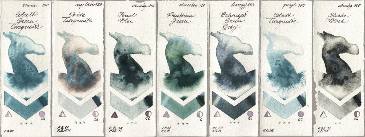 Shminke Horadam Aquarell 510 Cobalt Green Turquoise, Mijello Mission Gold 827 Oxide Turquoise, 943 Forest Blue, Daniel Smith 128 Prussian Green, Holbein Artists Watercolor 563 Echinops Green Grey, Golden QOR 370 Cobalt Turquoise, 965 Glacier Bla watercolor swatch