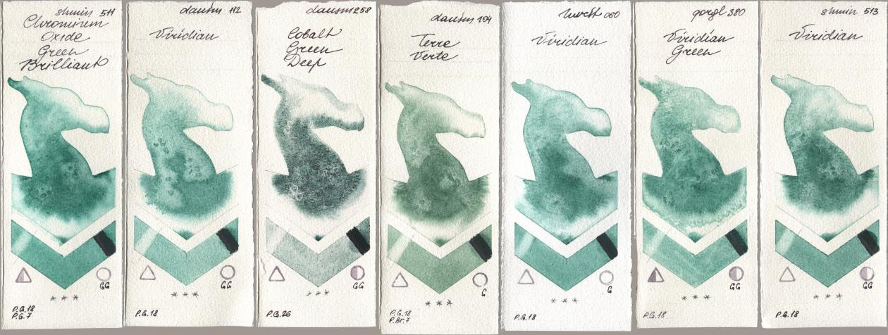 Shminke Horadam Aquarell 511 Chromium Oxide Green Brilliant, Daniel Smith 112 Viridian, 258 Cobalt Green Deep, 104 Terre Verte, Holbein Artists Watercolor 060 Viridian, Golden QOR 380 Viridian Green, 513 Viridi watercolor swatch