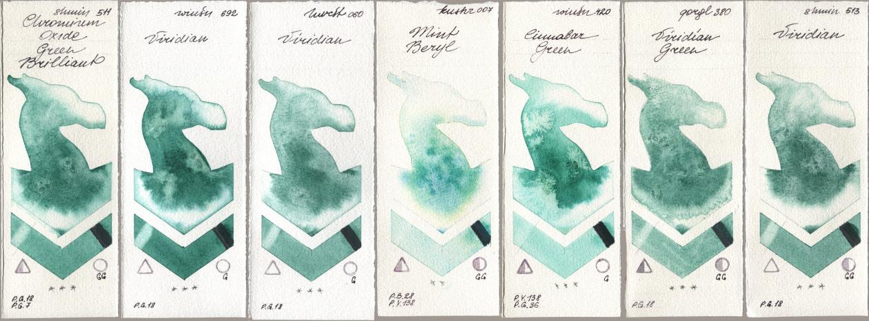 Shminke Horadam Aquarell 511 Chromium Oxide Green Brilliant, Winsor & Newton Professional 692 Viridian, Holbein Artists Watercolor 060 Viridian, Kusakabe 007 Mint Beryl, 420 Cinnabar Green, Golden QOR 380 Viridian Green, 513 Viridi watercolor swatch