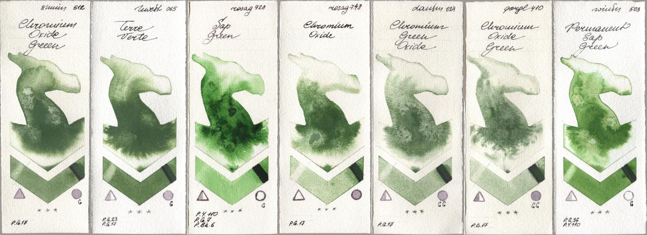 Shminke Horadam Aquarell 512 Chromium Oxide Green, Holbein Artists Watercolor 065 Terre Verte, Rosa Gallery 728 Sap Green, 743 Chromium Oxide, Daniel Smith 024 Chromium Green Oxide, Golden QOR 410 Chromium Oxide Green, Winsor & Newton Professional 503 Permanent Sap Gre watercolor swatch