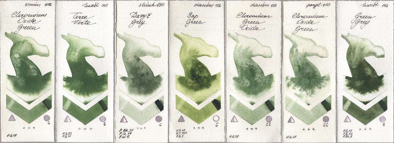 Shminke Horadam Aquarell 512 Chromium Oxide Green, Holbein Artists Watercolor 065 Terre Verte, Shinhan PWC 690 Davys Grey, Daniel Smith 102 Sap Green, 024 Chromium Green Oxide, Golden QOR 410 Chromium Oxide Green, 152 Green Gr watercolor swatch