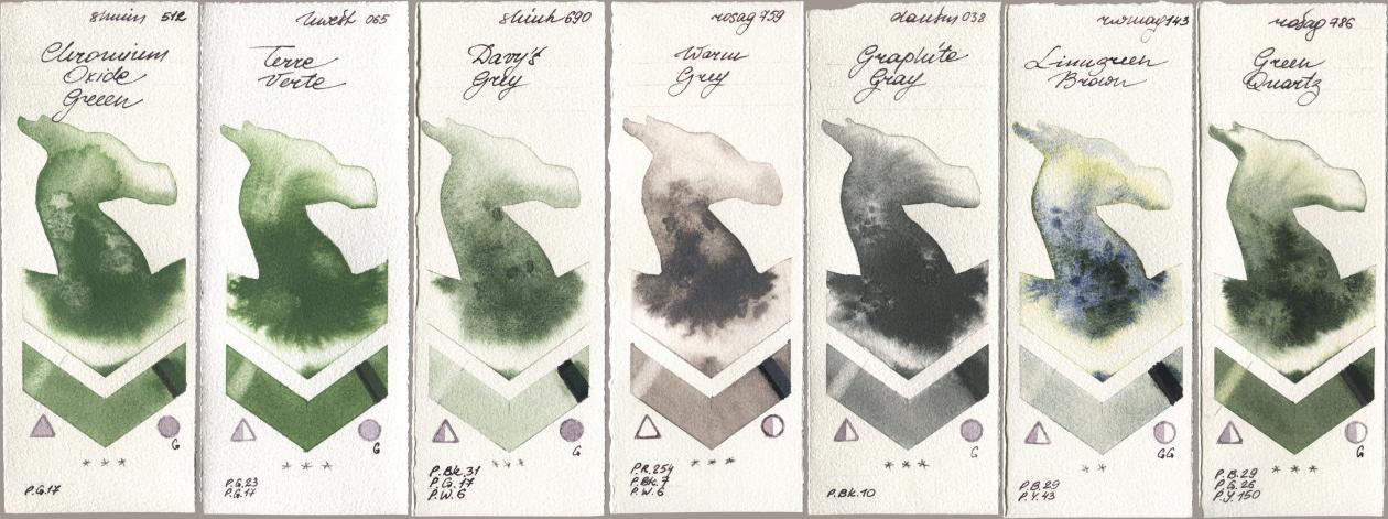 Shminke Horadam Aquarell 512 Chromium Oxide Green, Holbein Artists Watercolor 065 Terre Verte, Shinhan PWC 690 Davys Grey, Rosa Gallery 759 Warm Grey, Daniel Smith 038 Graphite Gray, Rockwell 143 Limugreen Brown, 786 Green Quar watercolor swatch
