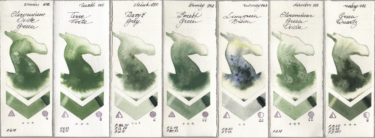Shminke Horadam Aquarell 512 Chromium Oxide Green, Holbein Artists Watercolor 065 Terre Verte, Shinhan PWC 690 Davys Grey, 942 Forest Green, Rockwell 143 Limugreen Brown, Daniel Smith 024 Chromium Green Oxide, Rosa Gallery 786 Green Quar watercolor swatch