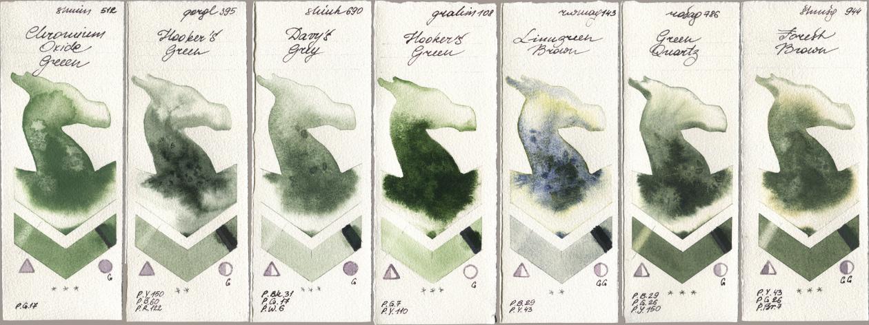 Shminke Horadam Aquarell 512 Chromium Oxide Green, Golden QOR 395 Hookers Green, Shinhan PWC 690 Davys Grey, M. Graham & Co. Artists 108 Hookers Green, Rockwell 143 Limugreen Brown, Rosa Gallery 786 Green Quartz, 944 Forest Bro watercolor swatch