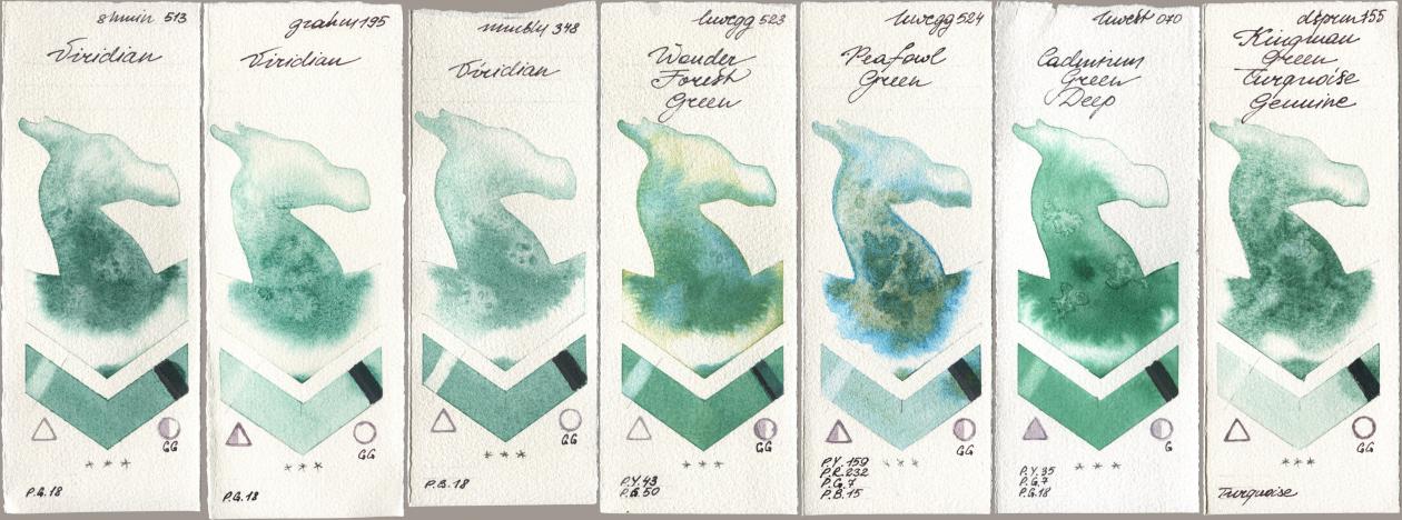 Shminke Horadam Aquarell 513 Viridian, M. Graham & Co. Artists 195 Viridian, Maimeri Blu 348 Viridian, Holbein Artists Watercolor 523 Wonder Forest Green, 524 Peafowl Green, 070 Cadmium Green Deep, Daniel Smith 155 Kingman Green Turquoise Genui watercolor swatch