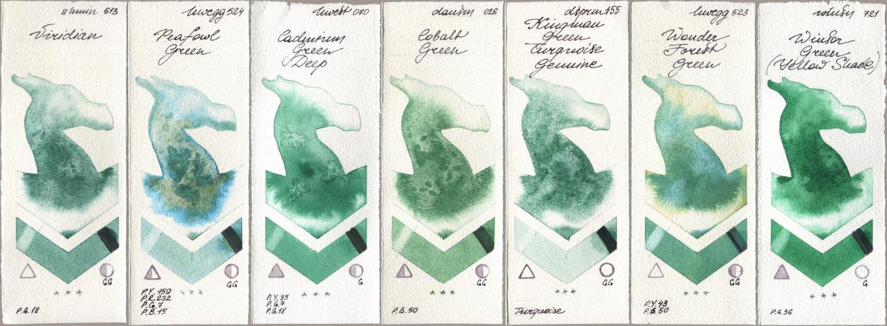 Shminke Horadam Aquarell 513 Viridian, Holbein Artists Watercolor 524 Peafowl Green, 070 Cadmium Green Deep, Daniel Smith 026 Cobalt Green, 155 Kingman Green Turquoise Genuine, 523 Wonder Forest Green, Winsor & Newton Professional 721 Winsor Green (Yellow shad watercolor swatch