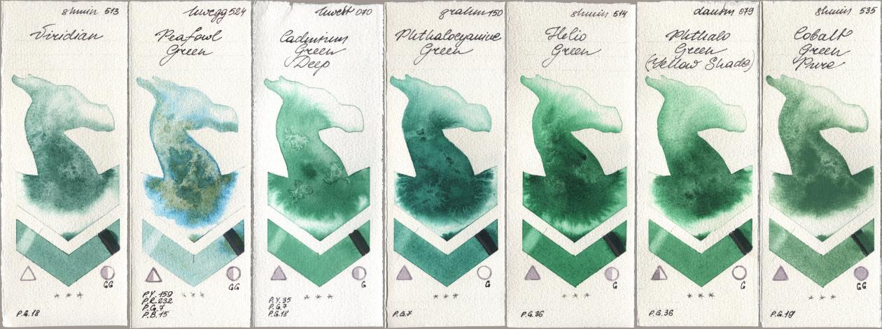 Shminke Horadam Aquarell 513 Viridian, Holbein Artists Watercolor 524 Peafowl Green, 070 Cadmium Green Deep, M. Graham & Co. Artists 150 Phthalocyanine Green, 514 Helio Green, Daniel Smith 079 Phthalo Green (Yellow Shade), 535 Cobalt Green Pu watercolor swatch
