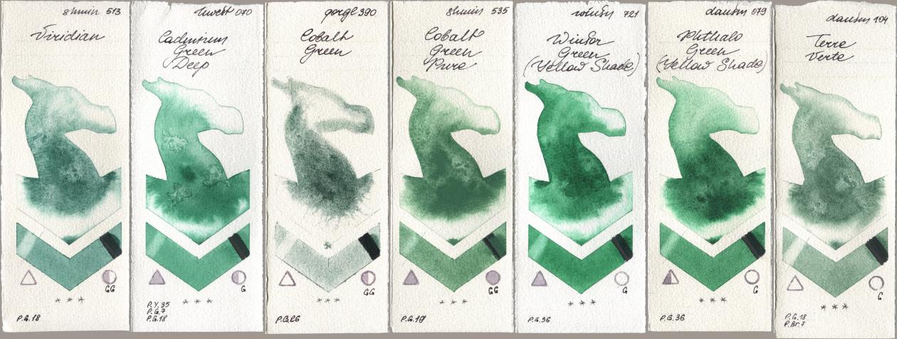 Shminke Horadam Aquarell 513 Viridian, Holbein Artists Watercolor 070 Cadmium Green Deep, Golden QOR 390 Cobalt Green, 535 Cobalt Green Pure, Winsor & Newton Professional 721 Winsor Green (Yellow shade), Daniel Smith 079 Phthalo Green (Yellow Shade), 104 Terre Ver watercolor swatch