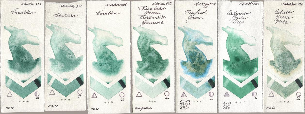 Shminke Horadam Aquarell 513 Viridian, Maimeri Blu 348 Viridian, M. Graham & Co. Artists 195 Viridian, Daniel Smith 155 Kingman Green Turquoise Genuine, Holbein Artists Watercolor 524 Peafowl Green, 070 Cadmium Green Deep, 027 Cobalt Green Pa watercolor swatch