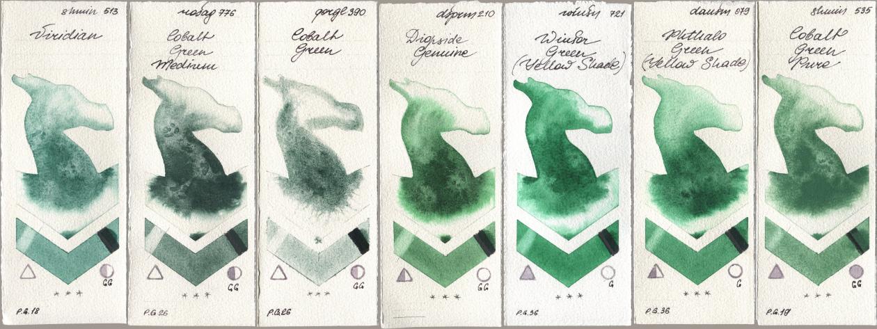Shminke Horadam Aquarell 513 Viridian, Rosa Gallery 776 Cobalt Green Medium, Golden QOR 390 Cobalt Green, Daniel Smith 210 Diopside Genuine, Winsor & Newton Professional 721 Winsor Green (Yellow shade), 079 Phthalo Green (Yellow Shade), 535 Cobalt Green Pu watercolor swatch