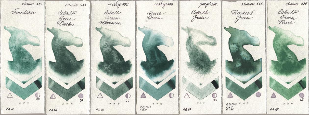 Shminke Horadam Aquarell 513 Viridian, 533 Cobalt Green Dark, Rosa Gallery 776 Cobalt Green Medium, 767 Azure Green, Golden QOR 390 Cobalt Green, 521 Hookers Green, 535 Cobalt Green Pu watercolor swatch