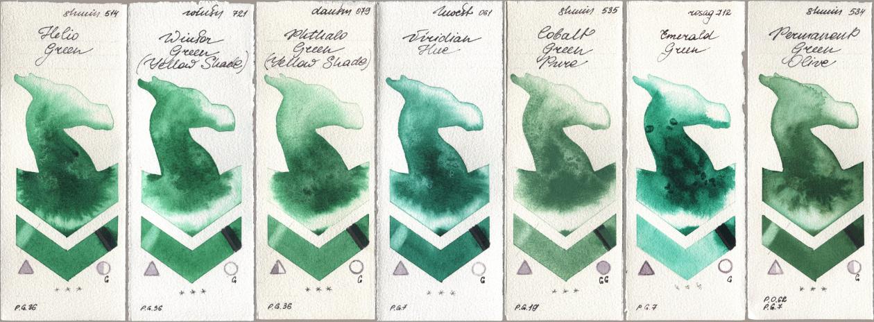 Shminke Horadam Aquarell 514 Helio Green, Winsor & Newton Professional 721 Winsor Green (Yellow shade), Daniel Smith 079 Phthalo Green (Yellow Shade), Holbein Artists Watercolor 061 Virdian Hue, 535 Cobalt Green Pure, Rosa Gallery 712 Emerald Green, 534 Permanent Green Oli watercolor swatch