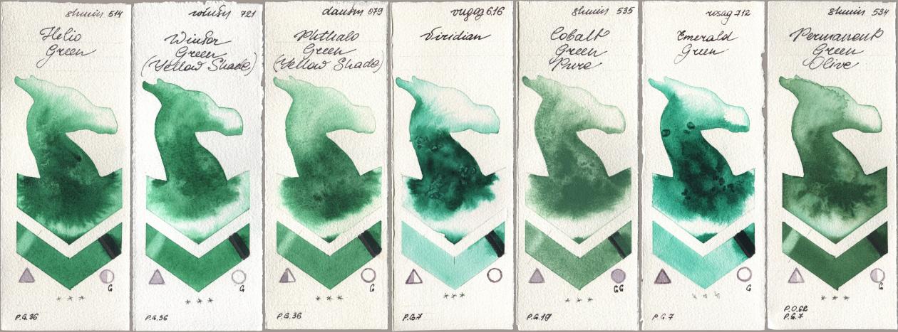 Shminke Horadam Aquarell 514 Helio Green, Winsor & Newton Professional 721 Winsor Green (Yellow shade), Daniel Smith 079 Phthalo Green (Yellow Shade), Royal Talens Van Gogh Watercolour 616 Viridian, 535 Cobalt Green Pure, Rosa Gallery 712 Emerald Green, 534 Permanent Green Oli watercolor swatch