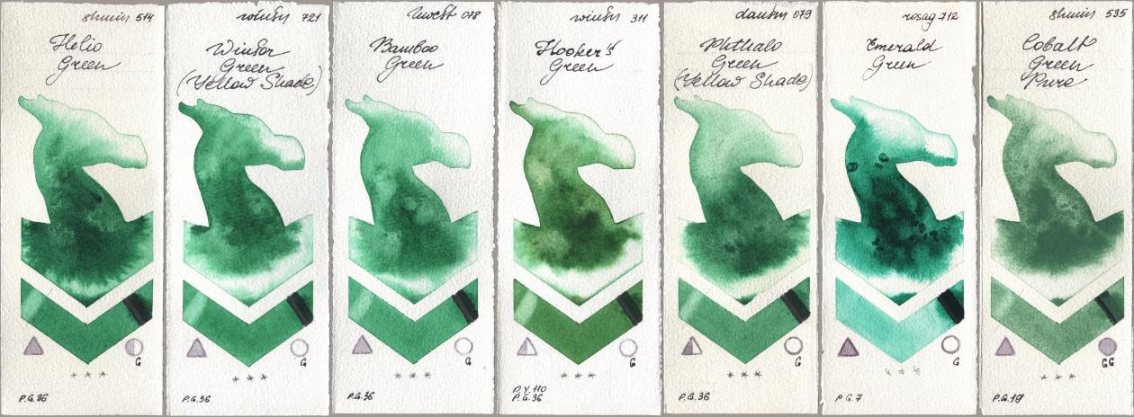 Shminke Horadam Aquarell 514 Helio Green, Winsor & Newton Professional 721 Winsor Green (Yellow shade), Holbein Artists Watercolor 078 Bamboo Green, 311 Hookers Green, Daniel Smith 079 Phthalo Green (Yellow Shade), Rosa Gallery 712 Emerald Green, 535 Cobalt Green Pu watercolor swatch