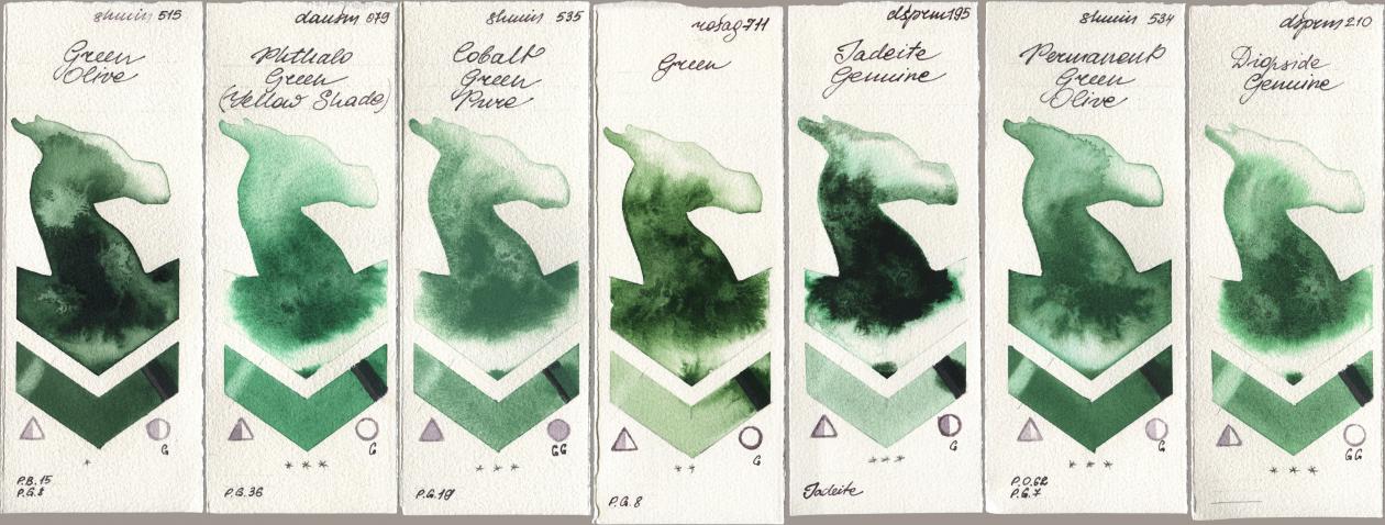 Shminke Horadam Aquarell 515 Green Olive, Daniel Smith 079 Phthalo Green (Yellow Shade), 535 Cobalt Green Pure, Rosa Gallery 711 Green, 195 Jadeite Genuine, 534 Permanent Green Olive, 210 Diopside Genui watercolor swatch