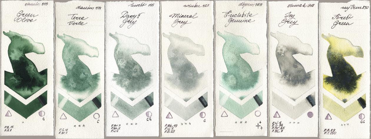 Shminke Horadam Aquarell 515 Green Olive, Daniel Smith 104 Terre Verte, Holbein Artists Watercolor 155 Davys Grey, Winsor & Newton Professional 427 Mineral Grey, 169 Fuchsite Genuine, Shminke Akademie Aquarell 918 Icy Grey, Mijello Mission Gold 830 Forest Gre watercolor swatch