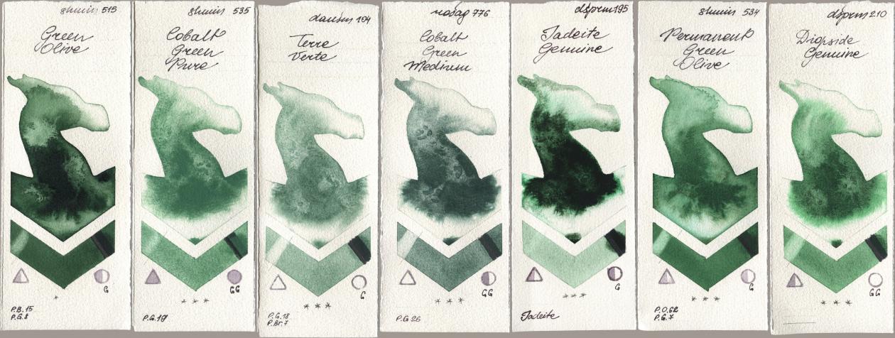 Shminke Horadam Aquarell 515 Green Olive, 535 Cobalt Green Pure, Daniel Smith 104 Terre Verte, Rosa Gallery 776 Cobalt Green Medium, 195 Jadeite Genuine, 534 Permanent Green Olive, 210 Diopside Genui watercolor swatch
