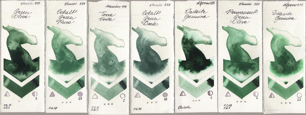 Shminke Horadam Aquarell 515 Green Olive, 535 Cobalt Green Pure, Daniel Smith 104 Terre Verte, 533 Cobalt Green Dark, 195 Jadeite Genuine, 534 Permanent Green Olive, 210 Diopside Genui watercolor swatch