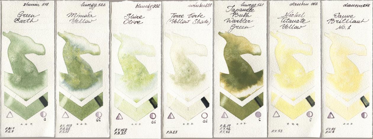 Shminke Horadam Aquarell 516 Green Earth, Holbein Artists Watercolor 522 Mimosa Yellow, 932 Shire Olive, Winsor & Newton Professional 638 Terre Verte (Yellow Shade), 521 Japanese Bush Warbler Green, Daniel Smith 062 Nickel Titanate Yellow, 256 Jaune Brilliant No watercolor swatch