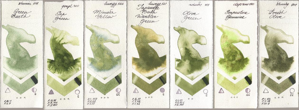 Shminke Horadam Aquarell 516 Green Earth, Golden QOR 400 Sap Green, Holbein Artists Watercolor 522 Mimosa Yellow, 521 Japanese Bush Warbler Green, Winsor & Newton Professional 447 Olive Green, Daniel Smith 190 Serpentine Genuine, 941 Forest Oli watercolor swatch