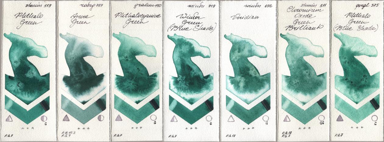 Shminke Horadam Aquarell 519 Phthalo Green, Rosa Gallery 767 Azure Green, M. Graham & Co. Artists 150 Phthalocyanine Green, Winsor & Newton Professional 719 Winsor Green (Blue Shade), 692 Viridian, 511 Chromium Oxide Green Brilliant, Golden QOR 375 Phthalo Green (Blue Shad watercolor swatch