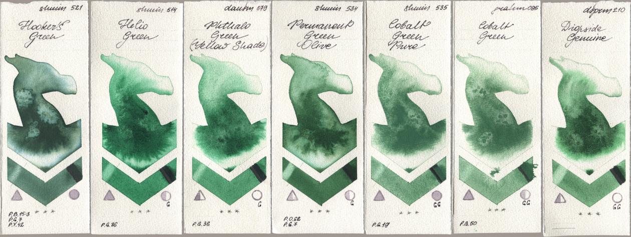 Shminke Horadam Aquarell 521 Hookers Green, 514 Helio Green, Daniel Smith 079 Phthalo Green (Yellow Shade), 534 Permanent Green Olive, 535 Cobalt Green Pure, M. Graham & Co. Artists 095 Cobalt Green, 210 Diopside Genui watercolor swatch