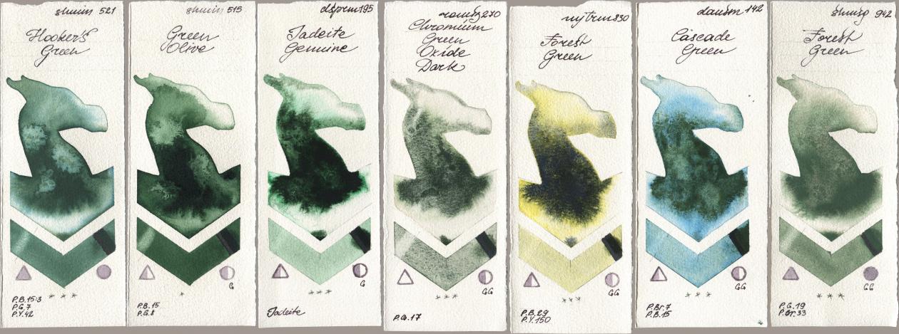Shminke Horadam Aquarell 521 Hookers Green, 515 Green Olive, Daniel Smith 195 Jadeite Genuine, Roman Szmal Aquarius 270 Chromium Green Oxide Dark, Mijello Mission Gold 830 Forest Green, 142 Cascade Green, 942 Forest Gre watercolor swatch