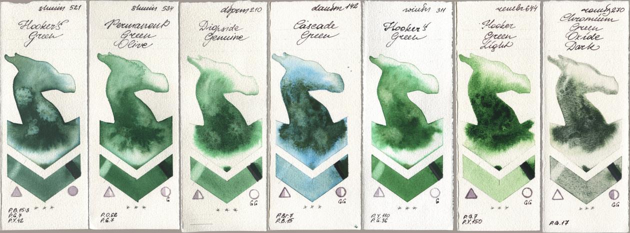 Shminke Horadam Aquarell 521 Hookers Green, 534 Permanent Green Olive, Daniel Smith 210 Diopside Genuine, 142 Cascade Green, Winsor & Newton Professional 311 Hookers Green, Royal Talens Rembrandt Watercolour 644 Hooker Green Light, Roman Szmal Aquarius 270 Chromium Green Oxide Da watercolor swatch