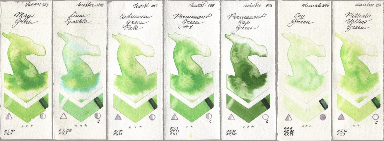 Shminke Horadam Aquarell 524 May Green, Kusakabe 016 Lime Sparkle, Holbein Artists Watercolor 069 Cadmium Green Pale, 066 Permanent Green No 1, Winsor & Newton Professional 503 Permanent Sap Green, Shminke Akademie Aquarell 915 Icy Green, Daniel Smith 124 Phthalo Yellow Gre watercolor swatch